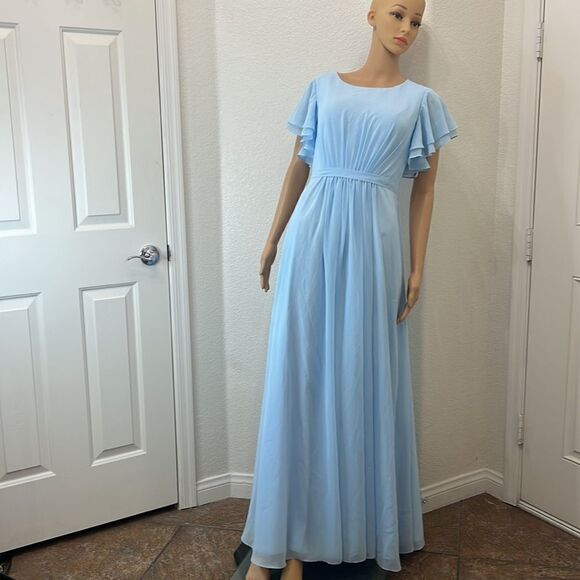 JJ’S House Formal Womans Dress Blue Scoop Neck Flutter Sleeve Maxi Sheer Lined - Picture 2 of 11